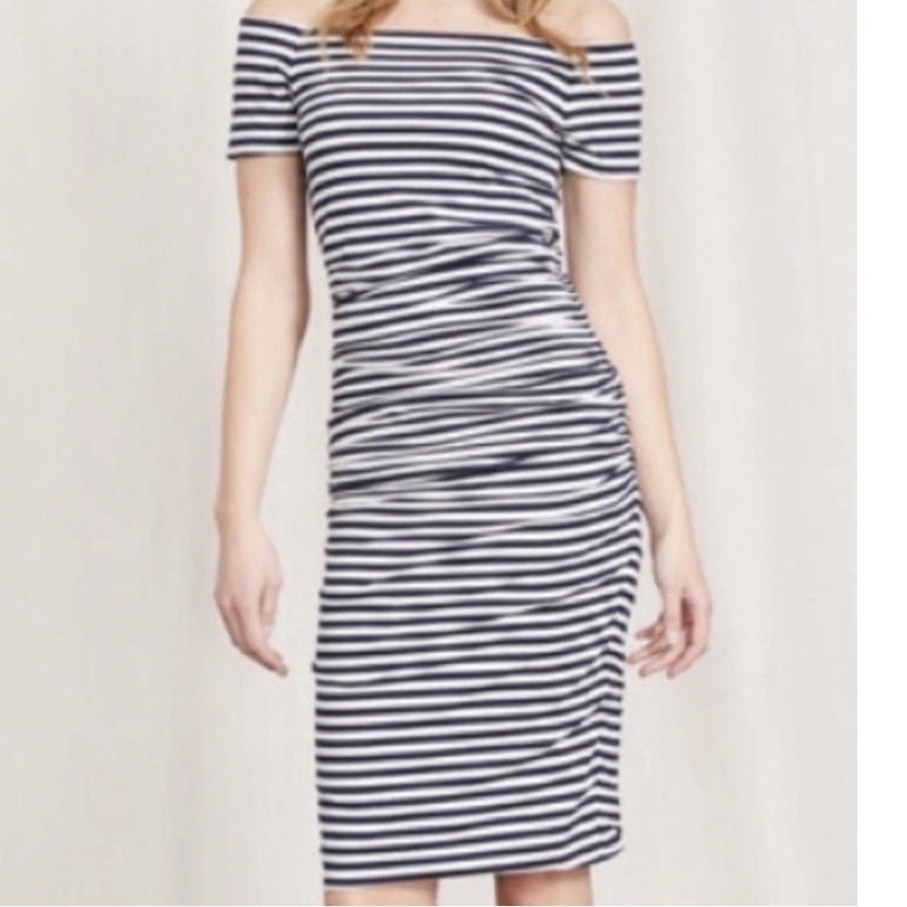 Boden Stretch Ruched Striped Pencil Dress Knee Length Size 14 Work Business